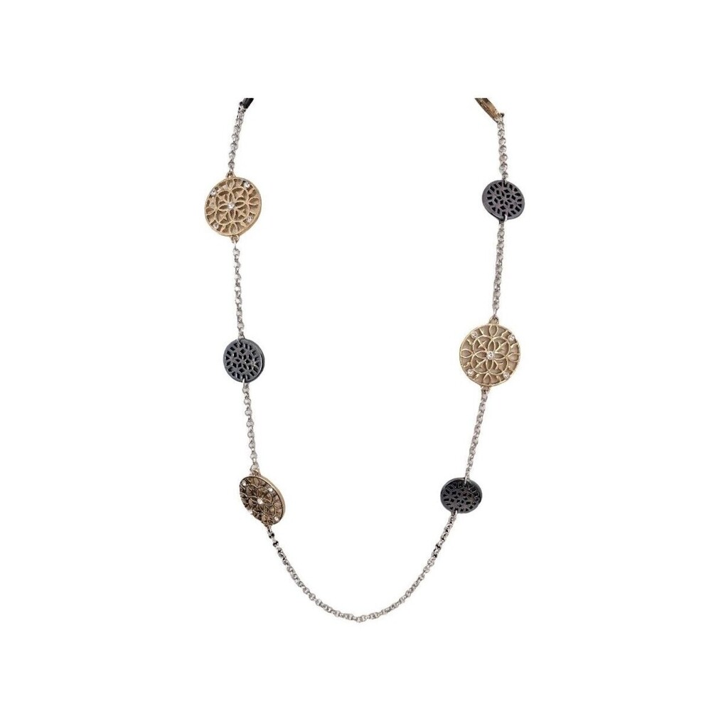 New Long Layering Necklace Hematite Gold Silver Tones Crystals - 11M